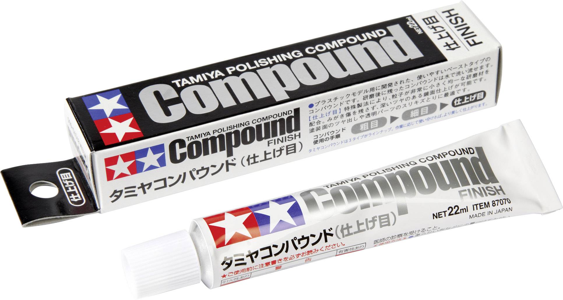 'Weiße Tube und schwarze Schachtel mit Aufschrift 'Compound Finish'. Produkt zur Politur, 22 ml, Nr. 87070.'