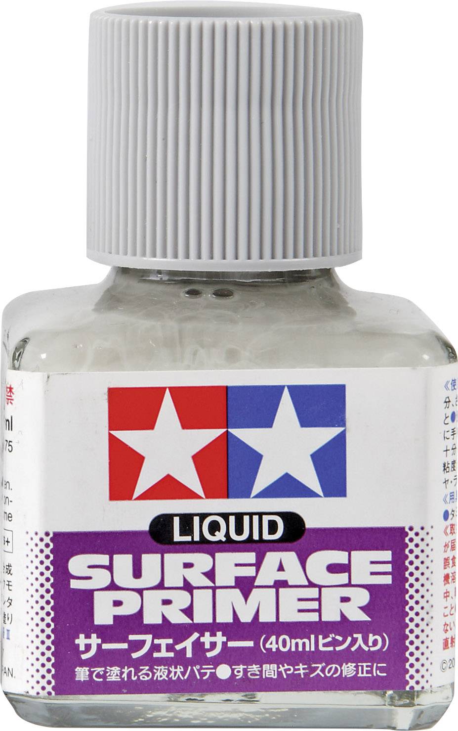 Eine Flasche Flüssiggrundierung mit grauem Schraubverschluss. Auf dem Etikett steht 'Liquid Surface Primer'. Enthält 40 ml.
