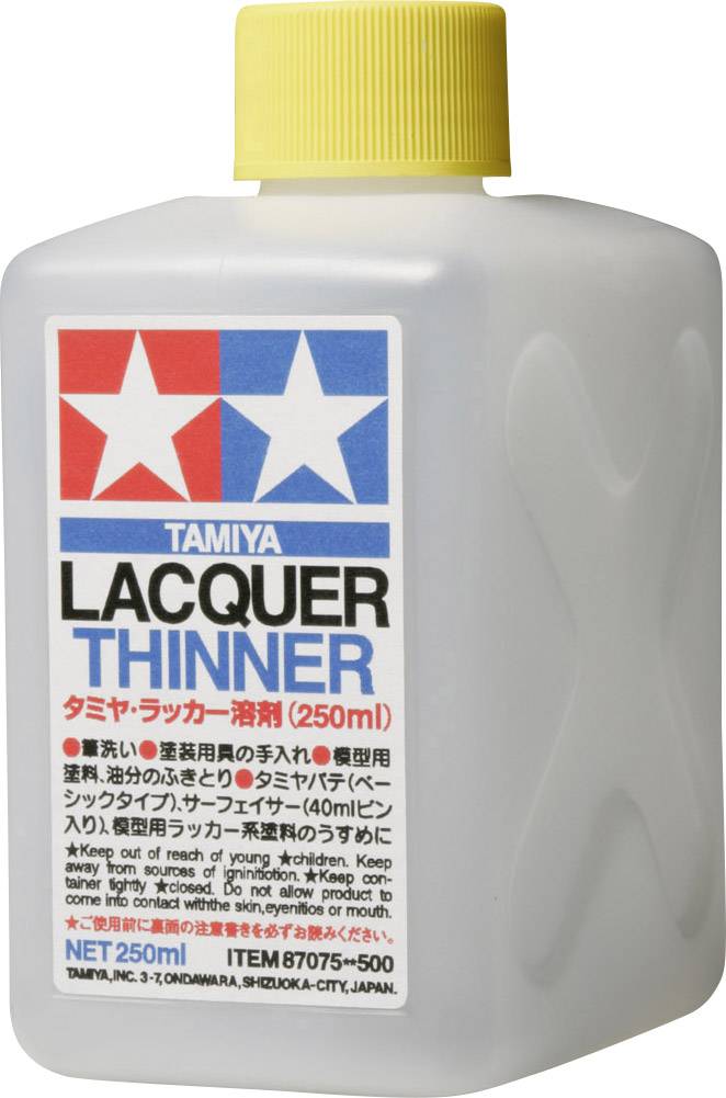 'Flasche Tamiya Lacquer Thinner, 250 ml, mit gelbem Verschluss.'