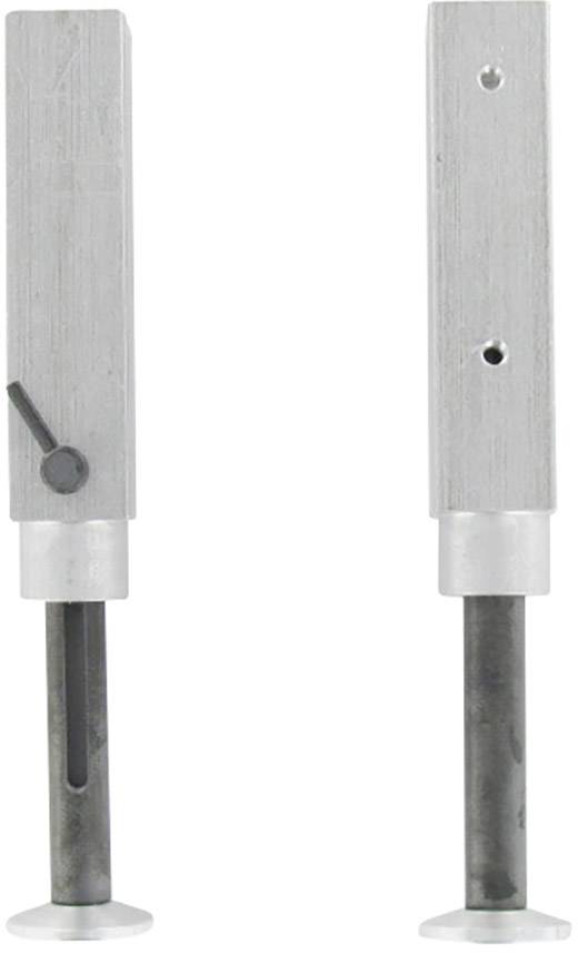 Zwei silberne Metallstifte mit einer Basis und seitlicher Schraube. Verwendet als verstellbare Elemente in mechanischen Konstruktionen.