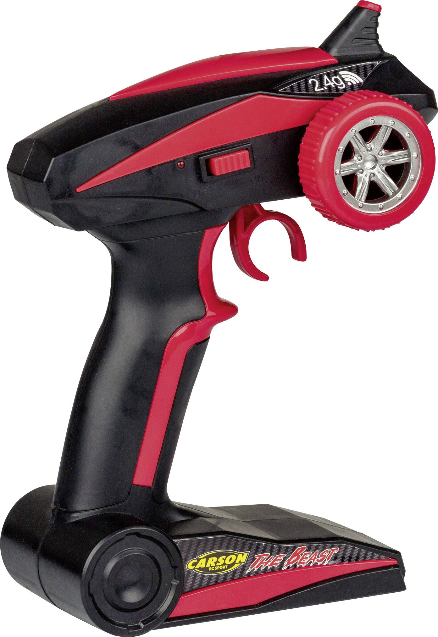 Fernsteuerung für RC-Autos, schwarz-rot mit seitlichem Lenkrad und Abzug. 'Carson' und 'Pure Beast' sind seitlich aufgedruckt.