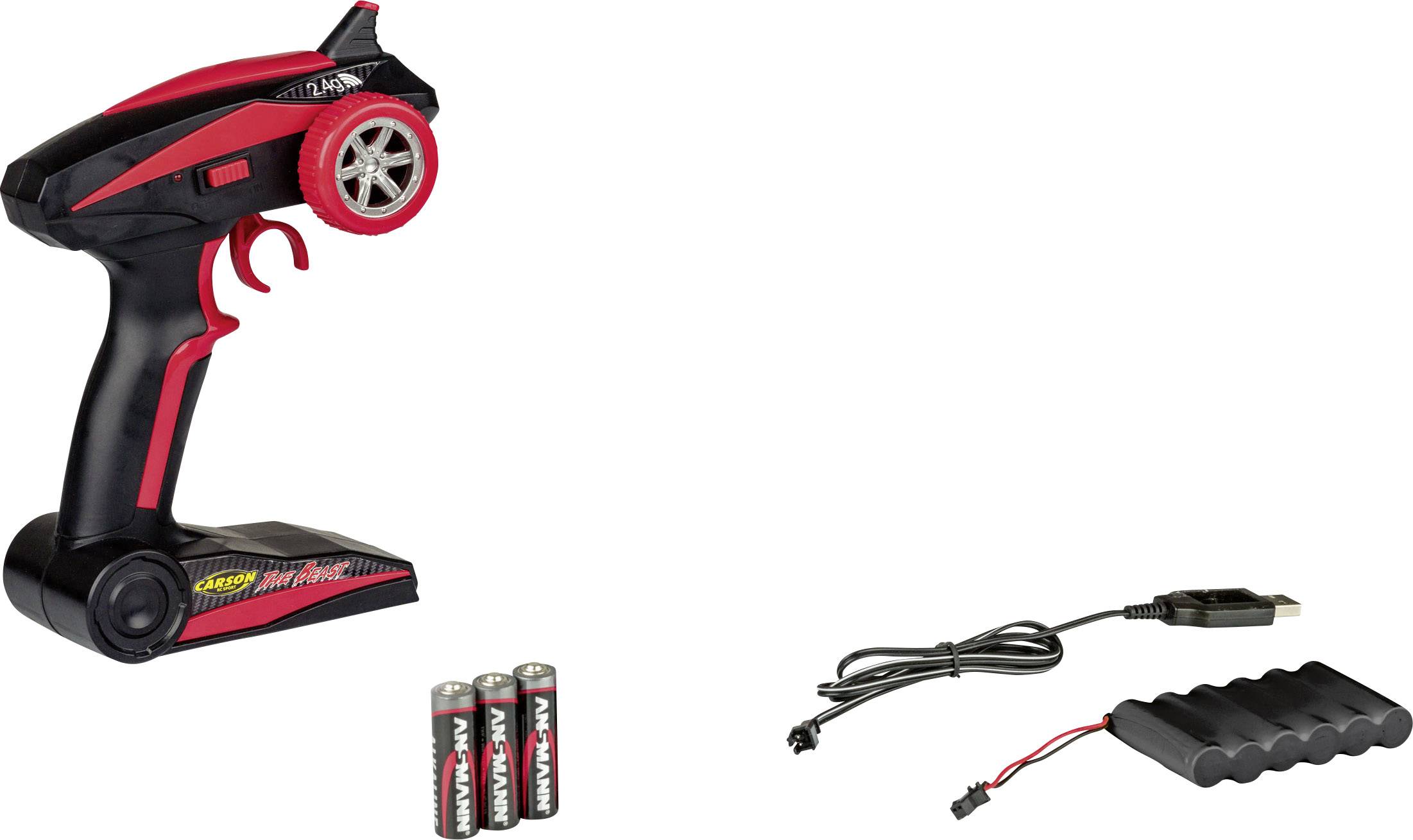 Fernsteuerung für ein Spielzeugauto mit Batterien, USB-Kabel und Akku-Pack zur Stromversorgung.