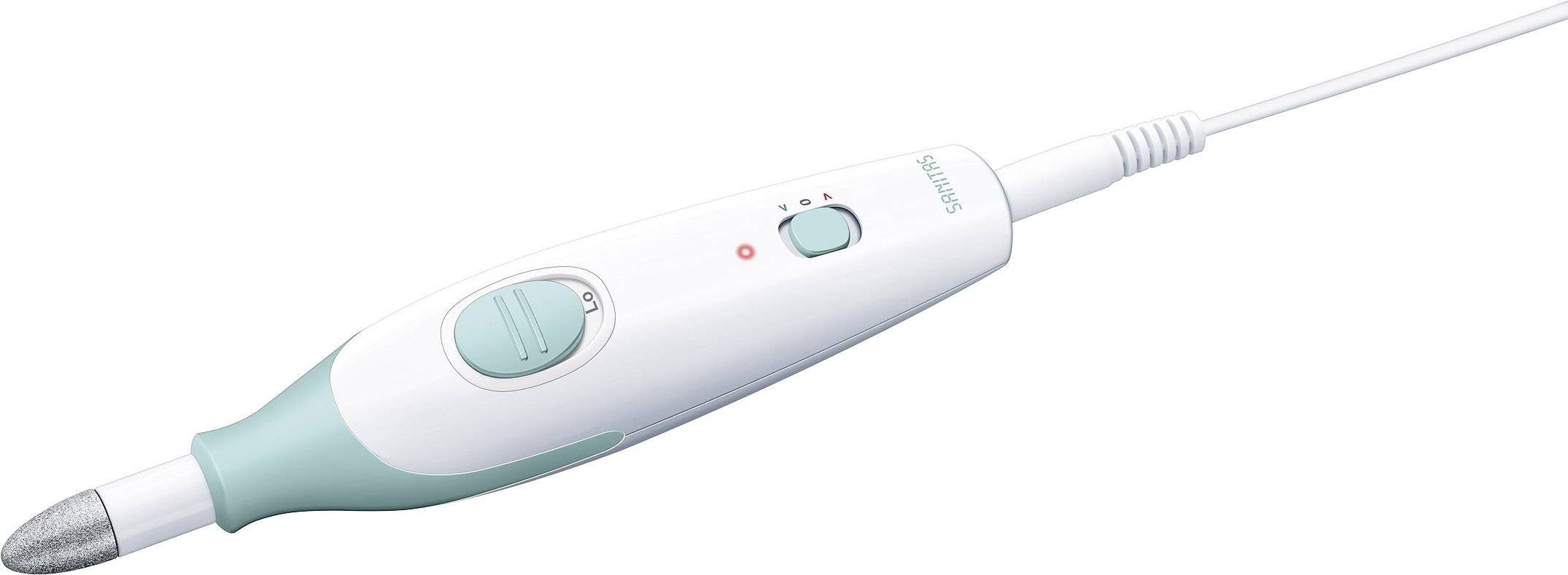 Ein elektrisches Nagelpflegeset mit grün-weißem Handgerät und rotierenden Aufsatz, geeignet zur Maniküre und Pediküre.