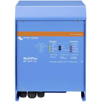 Blauer Stromumrichter von Victron Energy mit Beschriftung 'MultiPlus 48/5000/70', Anzeige für Lade- und Wechselrichterzustand.