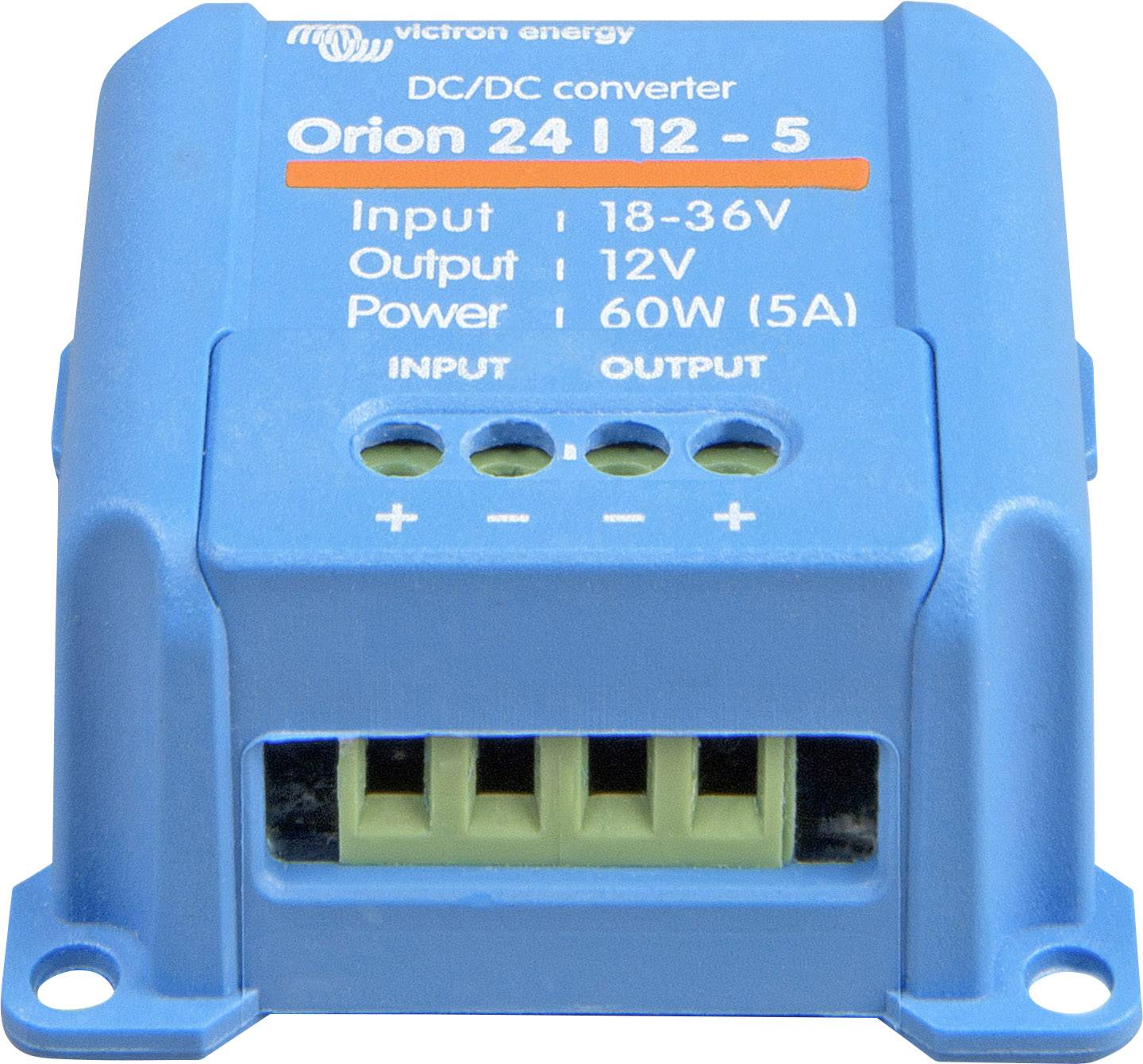 Ein blauer DC/DC-Wandler von Victron Energy. Eingang: 18-36V, Ausgang: 12V, Leistung: 60W (5A).