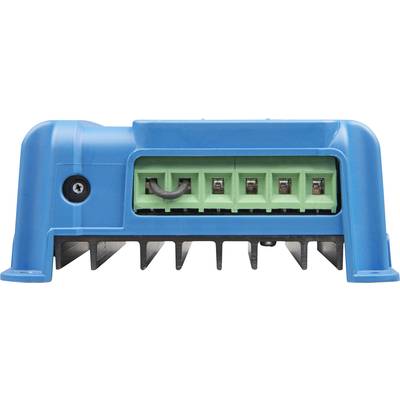 Ein blaues elektronisches Gerät mit einem grünen Anschlussblock auf der Vorderseite, möglicherweise ein Ladegerät oder Controller.