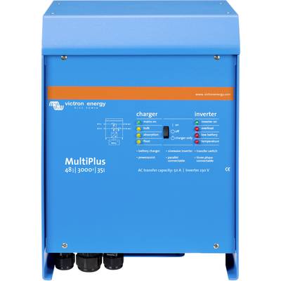 Blauer Stromwechselrichter von Victron Energy mit dem Modellnamen 'MultiPlus', Anzeigeleuchten für Betriebsstatus und Anschlüsse unten.
