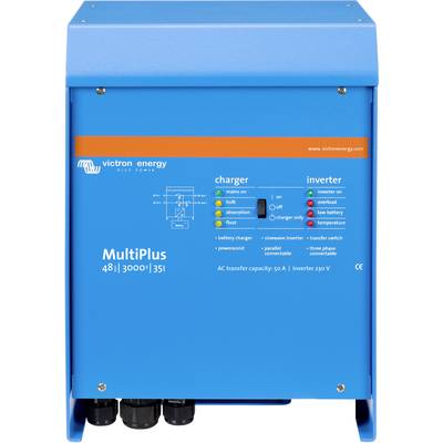 Blauer Victron Energy MultiPlus Wechselrichter mit Kontrollleuchten für Betrieb, Status und Temperaturanzeige auf der Vorderseite.