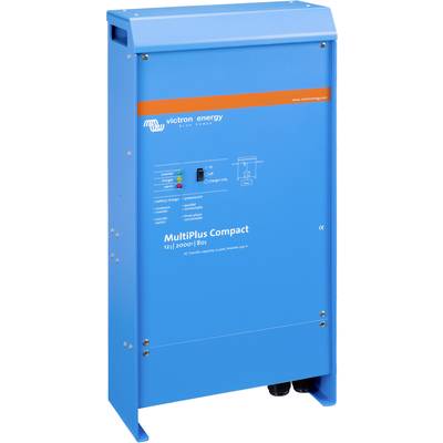 Blauer Viereck-Wechselrichter mit viereckiger Form und Aufschrift 'MultiPlus Compact 12/2000/80'. Markenlogo oben links.