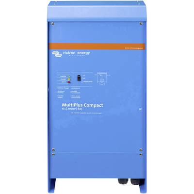 Ein blauer Victron Energy MultiPlus Compact Wechselrichter mit Kontrollleuchten und Bedienelementen auf der Vorderseite.