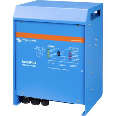 Ein blauer Victron Energy MultiPlus-Wechselrichter mit Spezifikationen: 24V, 3000VA, 70A. Vorderseite zeigt Anschlüsse und Betriebsanzeige.