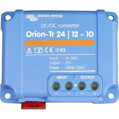 Blauer DC/DC-Wandler von Victron Energy, Modell 'Orion-Tr 24 | 12 - 10'. Eingangsbereich 18-36V, Ausgang 12V, Leistung 120W (10A).