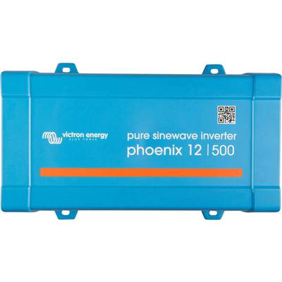 Ein blauer Victron Energy Wechselrichter mit der Aufschrift 'pure sinewave inverter phoenix 12 | 500' und einem QR-Code.