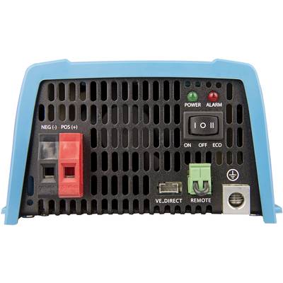 Rückseite eines blauen elektronischen Geräts mit Anschlüssen und Schaltern, inklusive Ein/Aus-Schalter, Power- und Alarm-LEDs.