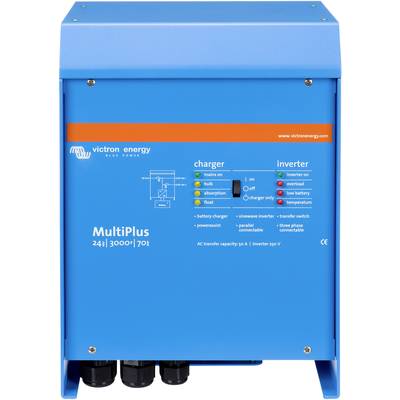 Ein blauer Wechselrichter von Victron Energy mit Modellname 'MultiPlus 24/3000/70-1', zeigt Lade- und Wechselrichterstatusanzeigen.