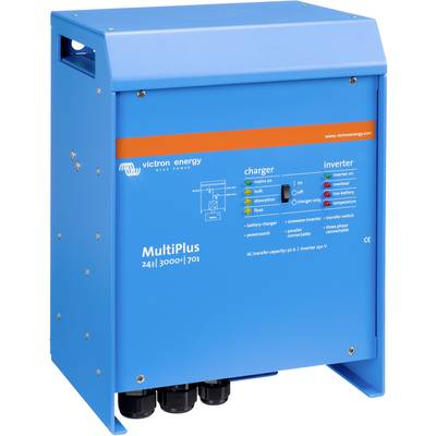 Blaues Victron Energy MultiPlus-Ladegerät und -Wechselrichter, Modell 24/3000/70-1, mit Anschlüssen unten und Markenlogo oben.