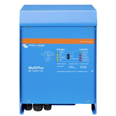 Ein blauer Victron Energy MultiPlus-Wechselrichter mit Anzeigen für Lade- und Wechselrichterstatus. Kapazität: 48V, 5000W, 70A.