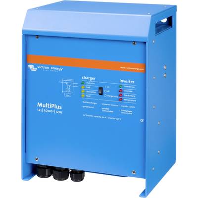 Blauer Victron Energy MultiPlus-Wechselrichter/Generator mit mehreren Anschlussmöglichkeiten und LED-Anzeigen für Betriebsmodus.