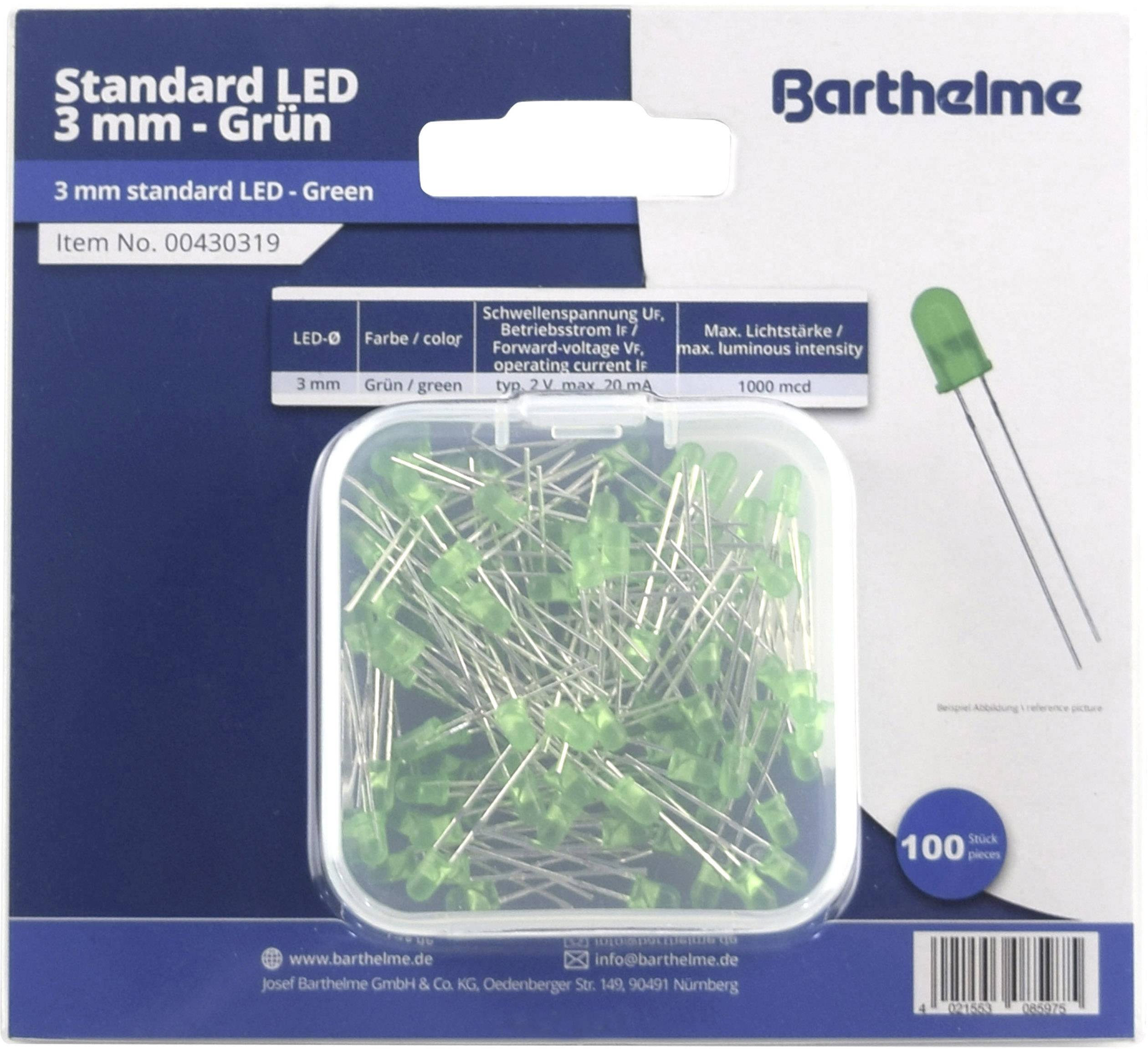 Packung mit 100 grünen 3 mm Standard-LEDs von Barthelme; Details wie Spannung und Lichtstärke sind auf der Verpackung angegeben.