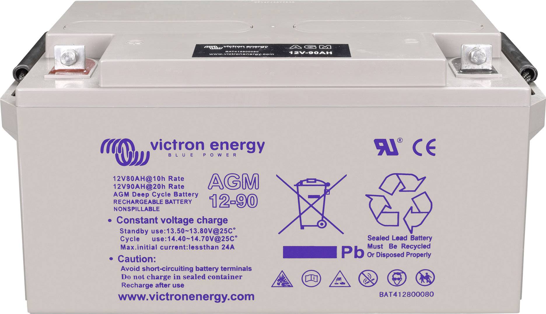 'AGM 12-90' Batterie von Victron Energy, 12V 90Ah. Geeignet für den Einsatz in verschiedenen elektrischen Geräten, wartungsfrei.