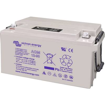 Batterie mit Aufschriften zu technischen Spezifikationen; Marke Victron Energy, Typ AGM 12-90, Warnhinweise und Entsorgungssymbole.