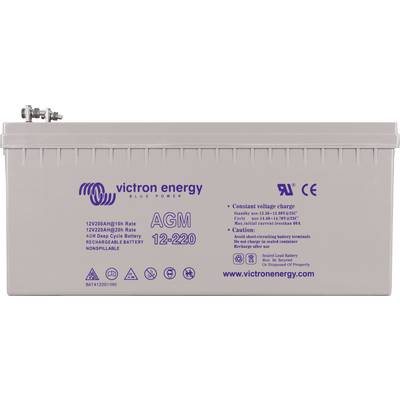 'Victron Energy' AGM-Batterie, Modellnummer 12-220. Details zu Spannung und Kapazität auf der Vorderseite. Sicherheits- und Ladehinweise enthalten.