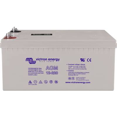 Batterie von Victron Energy, Typ AGM 12-220. Text auf der Batterie: '12V 220Ah' und 'www.victronenergy.com'.