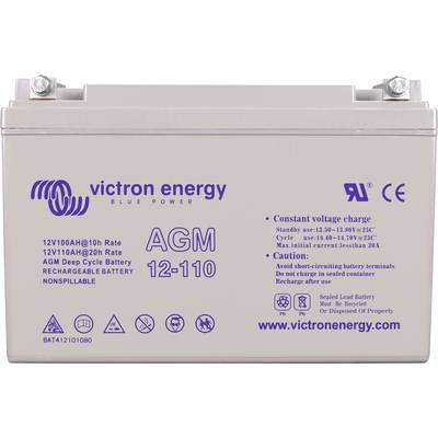 'AGM 12-110' Akku von Victron Energy mit 12V/110Ah, AGM Deep Cycle. Aufdrucke: Nutzungsvorgaben und Sicherheitszeichen, kein Auslaufen.