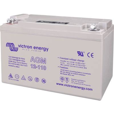 Batterie mit Aufschrift 'Victron Energy AGM 12-110'. 12V, 1080Ah, für Deep Cycle. Geeignet für Ladegeräte mit Konstantspannung.