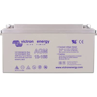Batterie von Victron Energy mit der Aufschrift 'AGM 12-165'. Technische Spezifikationen und Warnhinweise auf der Vorderseite.