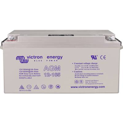 'AGM 12-165' Batterie von Victron Energy mit technischen Spezifikationen: 12V, 150Ah/10h, 12V, 165Ah/20h. Enthält Ladehinweise und Markenlogos.