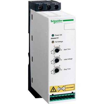 Elektronisches Motoranlasser-Modul von Schneider Electric mit Drehreglern für Startzeit, Anfangsspannung und Stoppzeit.
