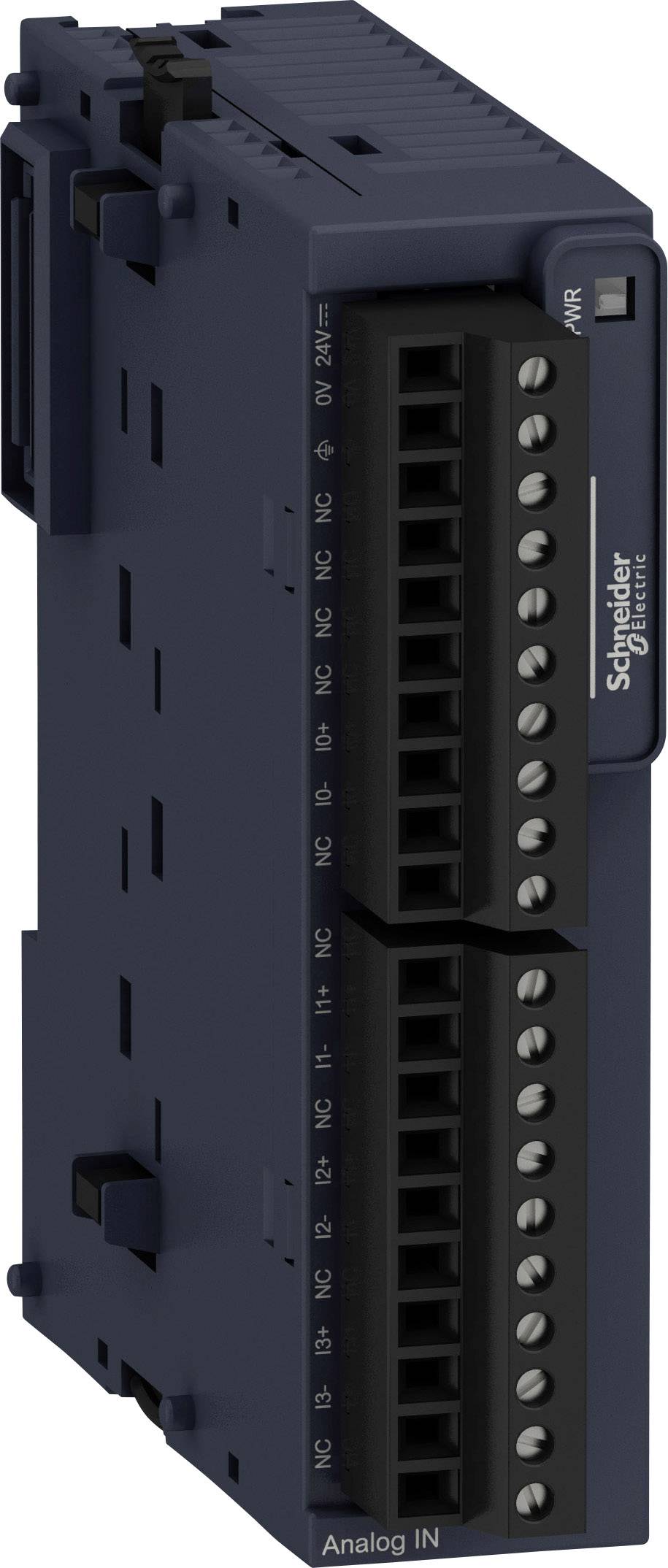 'Schneider Electric' Analogmodul, dunkelblau, mit mehreren Anschlussklemmen für elektrische Verdrahtung und Steuerungen.