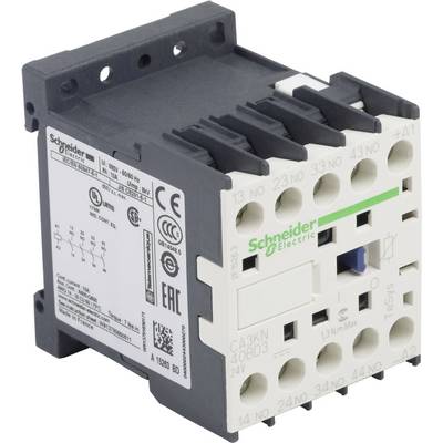 'Schneider Electric Schütz; Modell mit weißen Frontanschlüssen und schwarzem Gehäuse; CE-Zertifikate sichtbar; technische Details auf Etikett.'