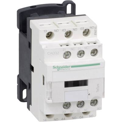 Ein weißer elektrischer Schütz mit mehreren Schraubklemmen und der Aufschrift 'Schneider Electric', geeignet für Schaltschrankinstallationen.