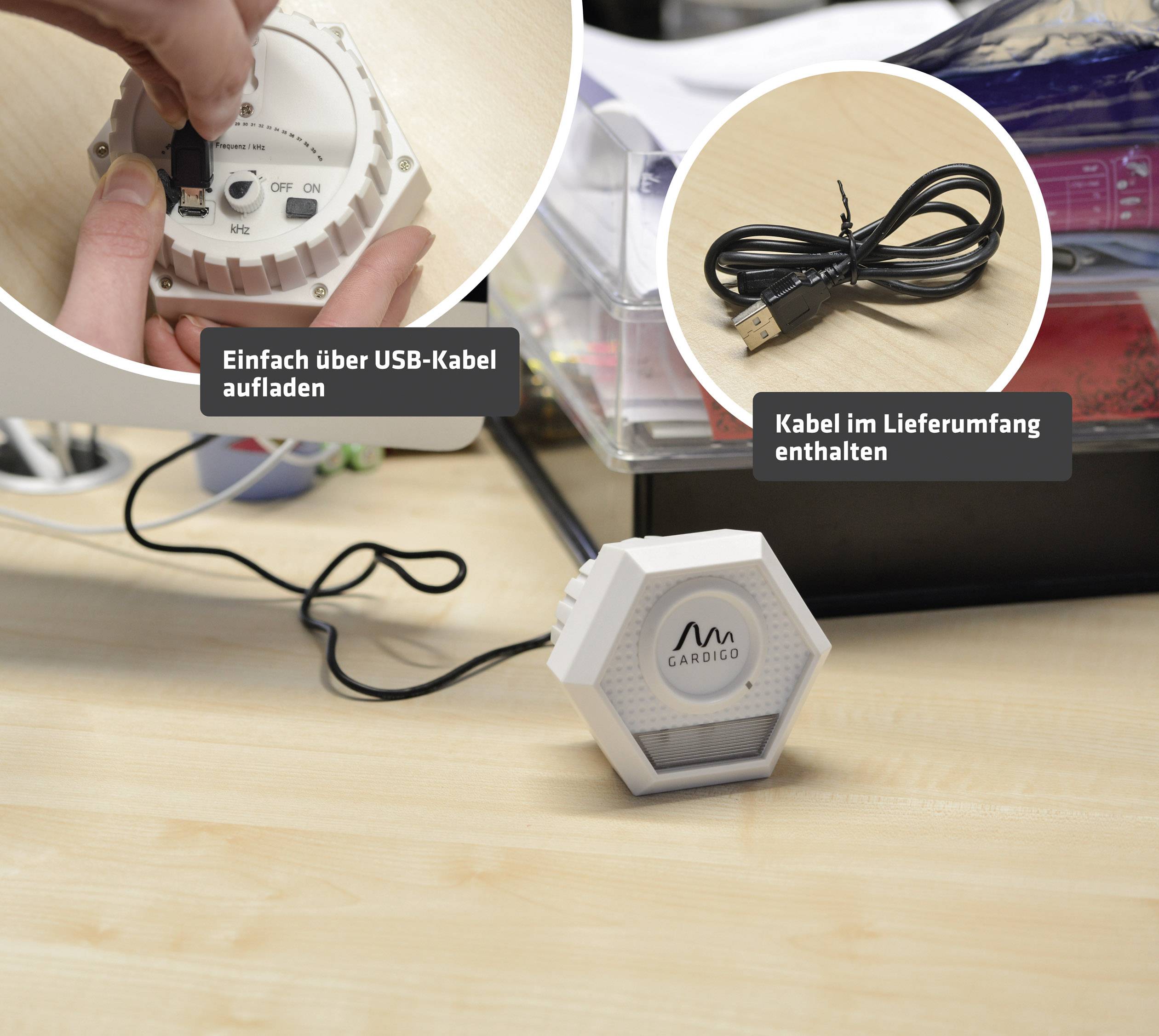 Ein Monitorgerät auf einem Tisch mit einem USB-Kabel. Text auf dem Bild: 'Einfach über USB-Kabel aufladen' und 'Kabel im Lieferumfang enthalten'.