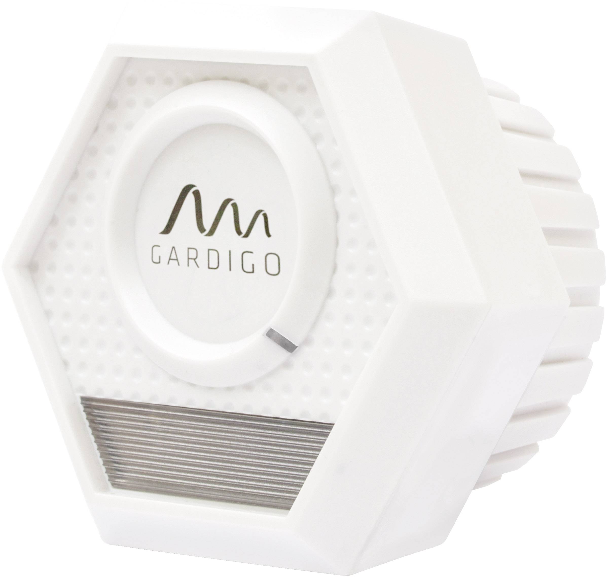 Ein sechseckiges, weißes Gerät mit einem Lautsprecher und dem Logo 'Gardigo' auf der Vorderseite, wahrscheinlich ein Schädlingsabwehrgerät.