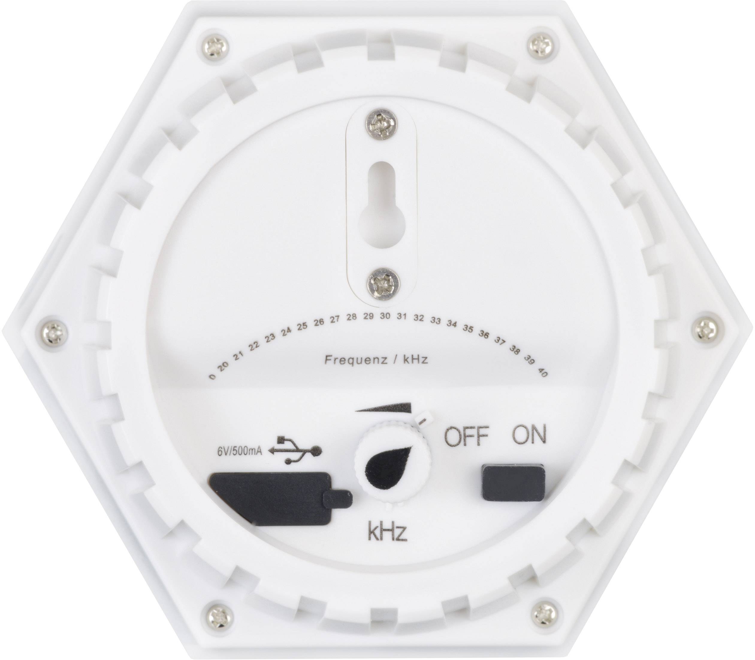Hexagonales Gerät mit Frequenzanzeige in kHz, USB-Anschluss, An/Aus-Schalter und Batteriefach, zur Steuerung elektronischer Geräte.