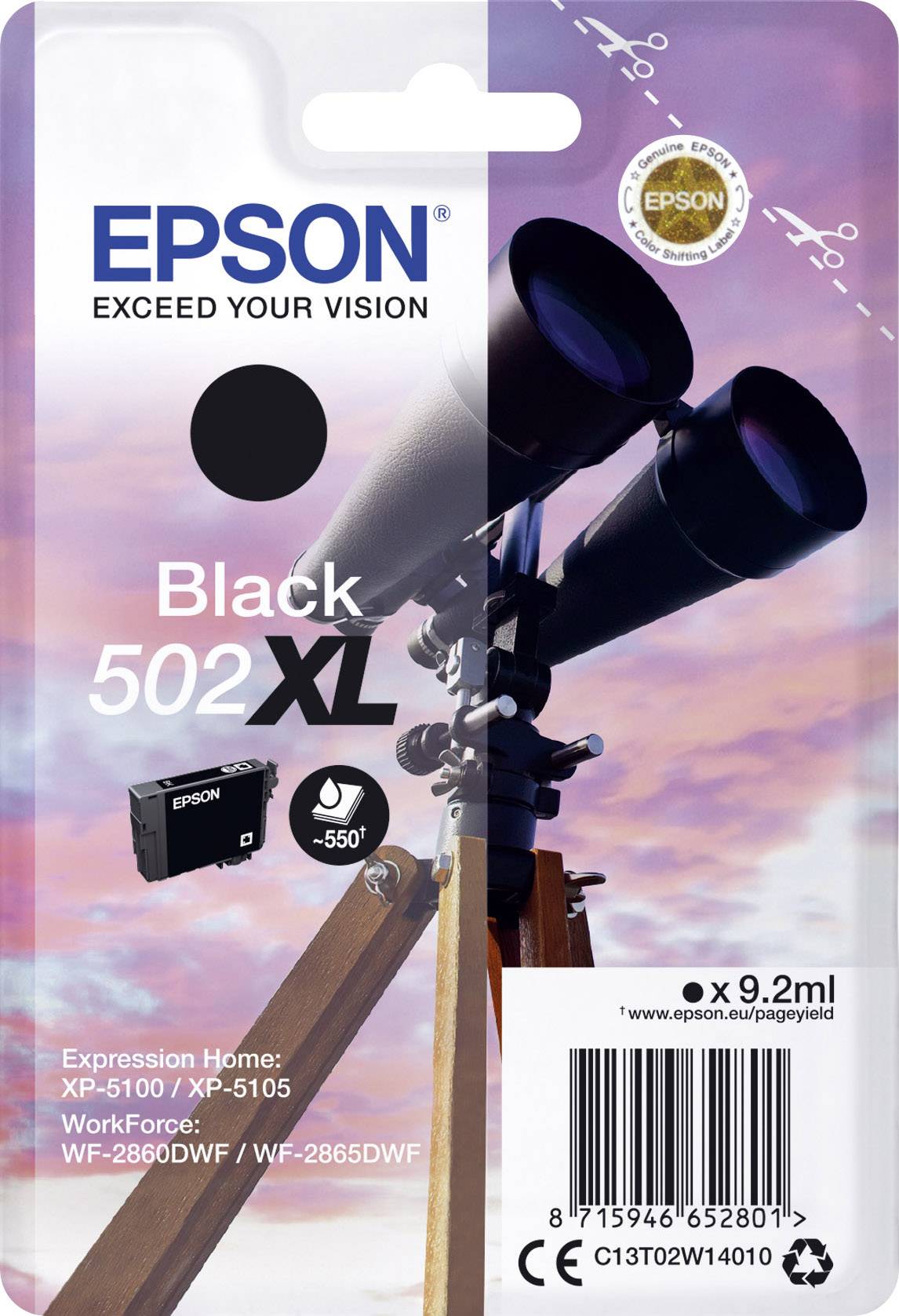 Tintenpatrone Epson 502XL, schwarze Farbe. Kompatibel mit Druckern XP-5100, XP-5105, WF-2860DWF, WF-2865DWF.