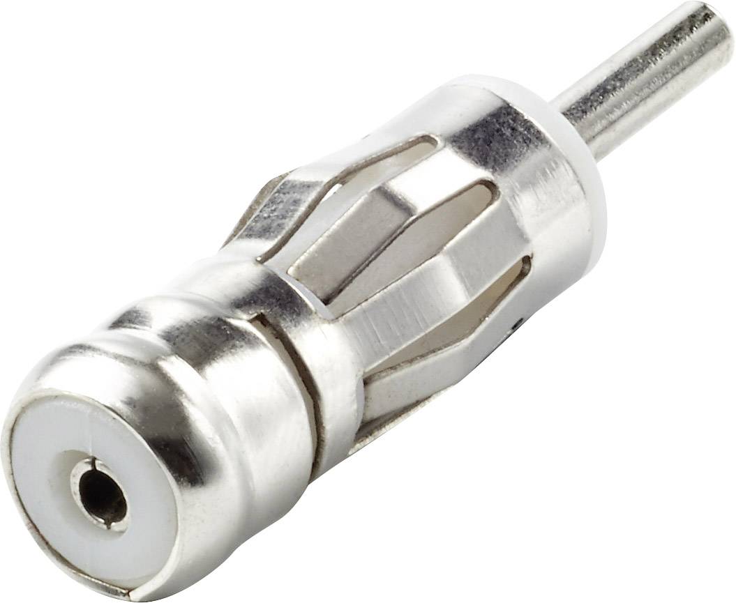Metallischer Antennenstecker, silberfarben, mit einem einzelnen Anschluss und länglichem Design, für Koaxialkabel geeignet.