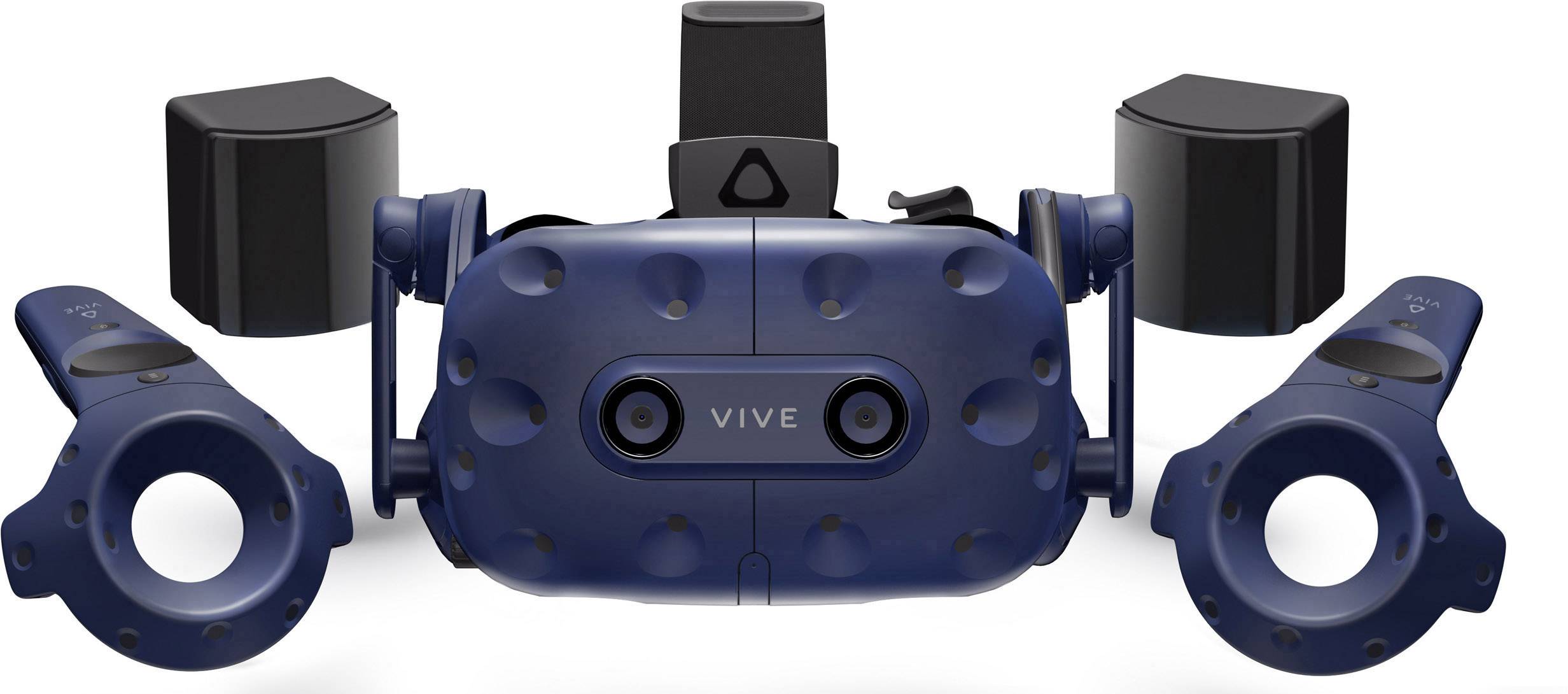 VR-Headset mit zwei Controllern und Sensoren. Die Marke 'VIVE' ist erkennbar. Geeignet für immersive virtuelle Realitätserlebnisse.