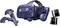 VR-Headset mit zwei Controllern und zwei Sensoren, Geräte in schwarz-blauem Design, geeignet für immersive Virtual-Reality-Erlebnisse.