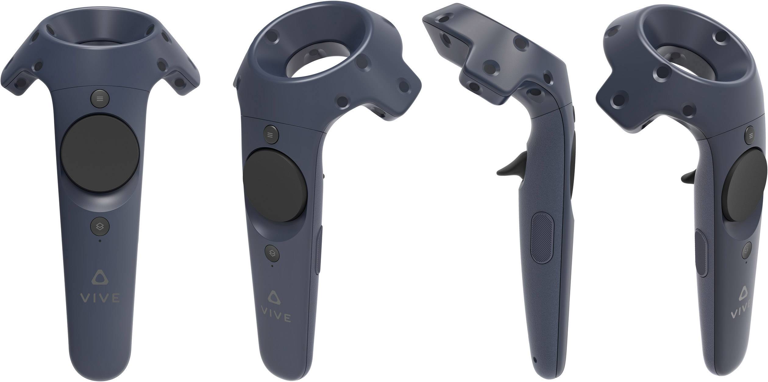 Vier blaue VR-Controller, dargestellt aus verschiedenen Blickwinkeln. Jeder verfügt über einen großen runden Knopf und mehrere Tasten.