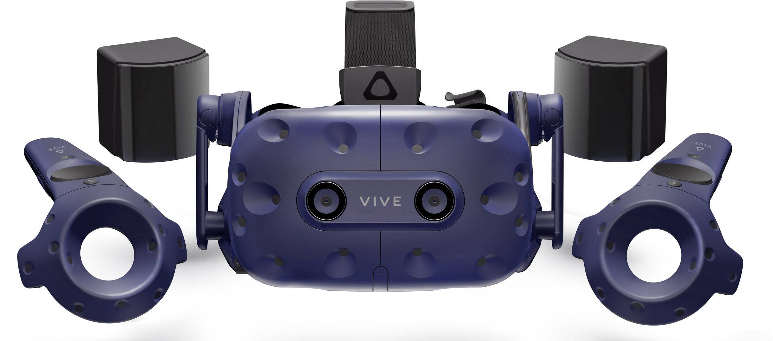 Ein VR-Headset der Marke Vive mit zwei Controllern und Basisstationen, die zusammen das Virtual-Reality-Erlebnis vervollständigen.