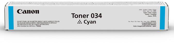 'Canon Toner 034 Cyan' Verpackung. Enthält Cyan-Toner für Drucker. Verpackungsdesign in Weiß mit schwarzen und blauen Schriftzügen.
