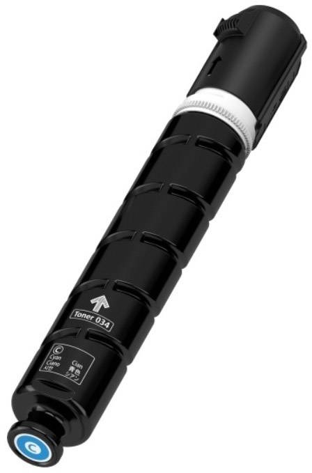 Schwarze Tonerkartusche 'Toner 034' für Drucker, zylindrische Form mit geriffeltem Griff und blauen Knopf an einem Ende.
