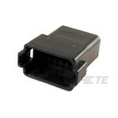 Schwarzer, rechteckiger Kunststoffstecker mit mehreren Löchern zur Verbindung von elektronischen Geräten. Markierung 'TE' sichtbar.