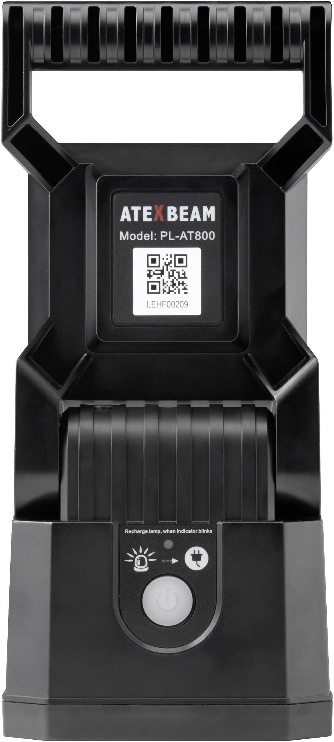 Schwarze tragbare Taschenlampe 'ATEXBEAM Model: PL-AT800' mit einem QR-Code und knickbarem Griff, zur industriellen Nutzung geeignet.