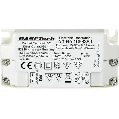 Basetech BT-1668380 Halogen Transformator  12 V 10 - 60 W dimmbar mit Phasenabschnittdimmer