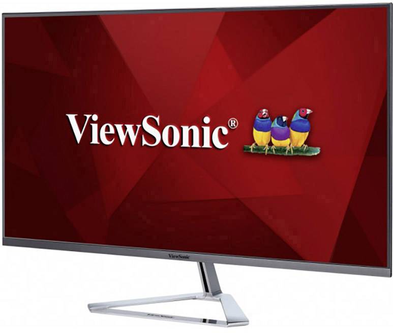 Ein Computerbildschirm der Marke ViewSonic zeigt das Markenlogo und drei bunte Vögel auf rotem Hintergrund.